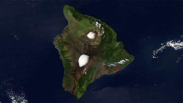 Snow on Mauna Kea and Mauna Loa from space.