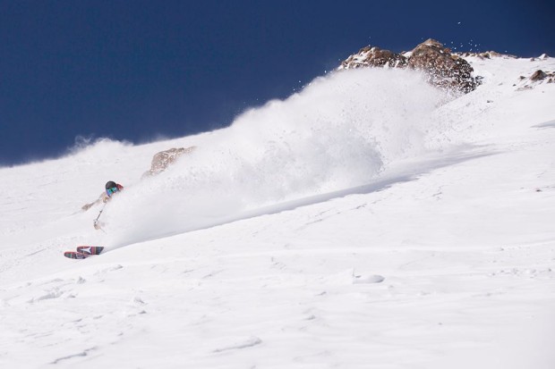 Chris Benchetler at Mammoth yesterday in a foot of new powder.
