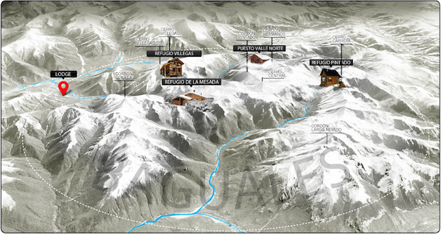 Baguales map showing hut locations.