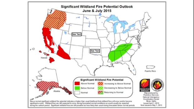 June/July Fire Outlook for the USA showing California in grave danger.