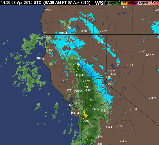 The cold pacific storm hitting Tahoe today at 8am.  Blue represents snowfall.