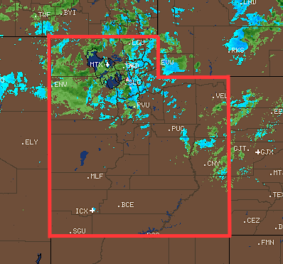 Utah radar showing the storm hitting at 2pm.  Blue = snow