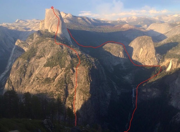 Dean Potter’s path for the record Half Dome climb on May 3rd, 2015. image: dean potter’s facebook