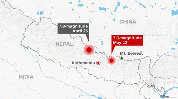 Today's earthquake occurred much closer to Mt. Everest than the previous large quake on April 25th.