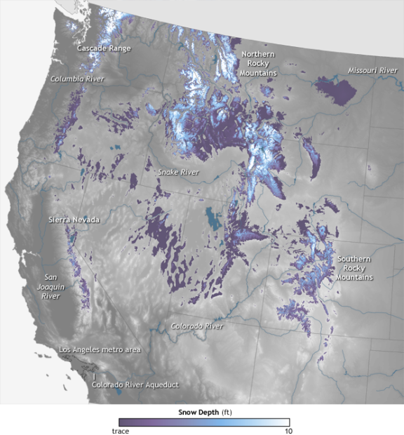 Snowpack across the western USA as of May 12th, 2015.