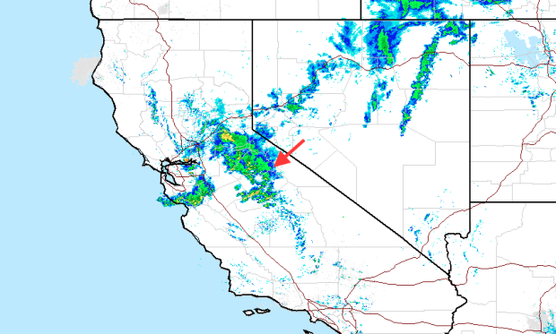Radar imagery of California with Mammoth marked.