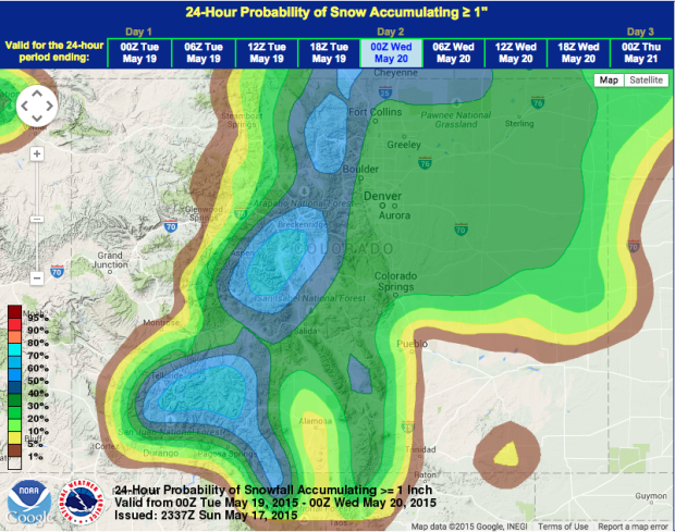 Map showing the chance of snow in Colorado this week.