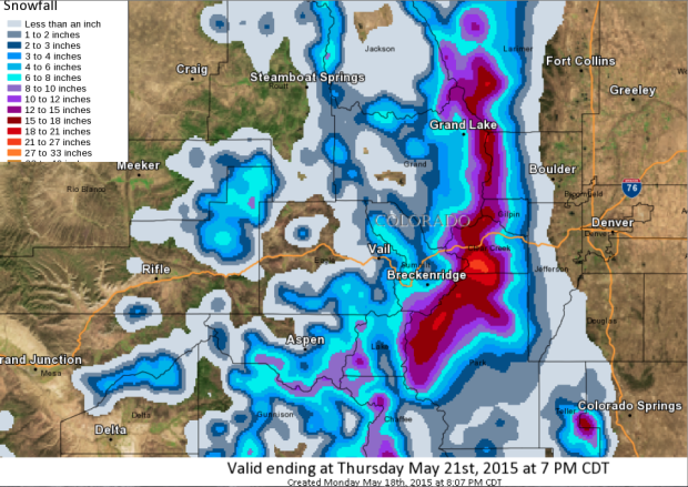 Snowfall forecast in CO through May showing up to 20+ inches in spots.