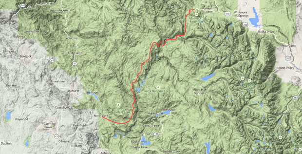  hypothesized route based on current roads and topography between North Fork and Mammoth