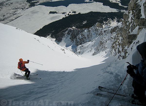 The late Steve Romeo skiing the upper portion Sickle Couloir.