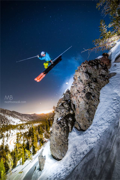 Jamie Burge with a moonlit cliff jump on Mount Rose