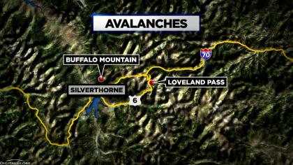 Map showing the avalanche on Buffalo Mountain and Loveland Pass, CO.
