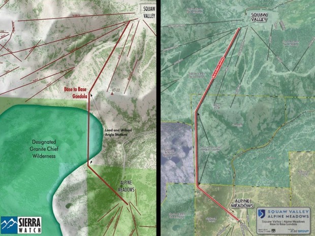The map on the left shows the designated wilderness area Congress intended to be protected with a ‘bump’ that sticks out into the proposed gondola’s path. The map on the right is the map Squaw released showing the wilderness area to be not have a ‘bump’ giving their proposed gondola clear passage. Who’s right?  The maps at the bottom of this article show that Sierra Watch may be correct.