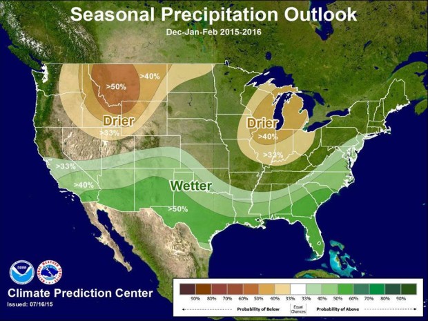 NOAA precipitation forecast for winter 2015/16.  NOAA expects higher than average precip in the southern half of the country and drier than average conditions in the Pacific Northwest