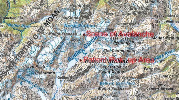 A map of the accident area where Nicolas Low was rescued at Mt Cook National Park. The lower annotation in red shows the pick-up area. The one above it shows the scene of the avalanche.