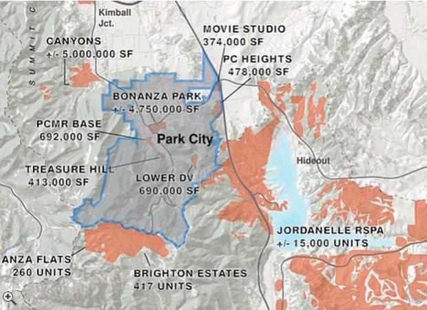 Park Record newspaper map showing 5,000,000 square feet of develpment land at the base of the Canyons