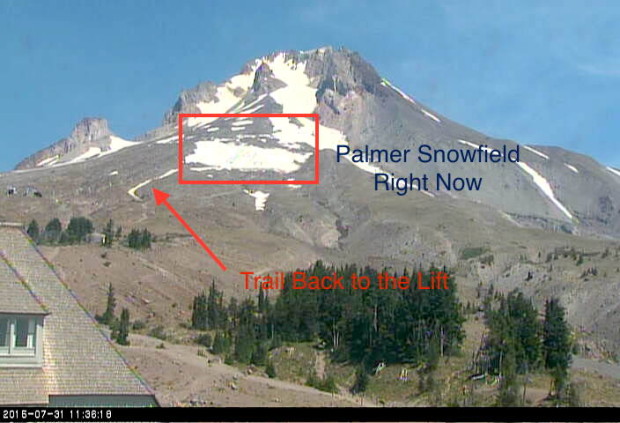 The Palmer Snowfield, where summer skiing/riding happens, looking small as of today.