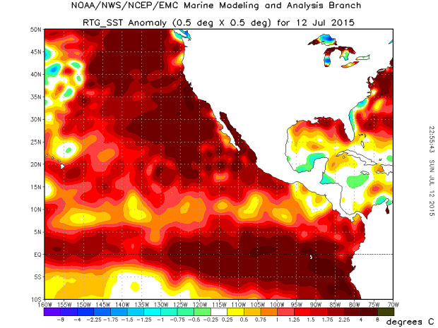 The yellow, orange, and red colors on this map are ocean waters that are above average temperature.  Most all the water in the Eastern Pacific is above average temperatures right now.