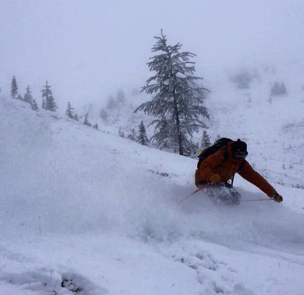TODAY, Dustin Clark storm skiing outside Banff! First fresh turns of the 15/16 season in North America that we have seen! Cheers! Photo: Rance Tuff via powderchasers.com