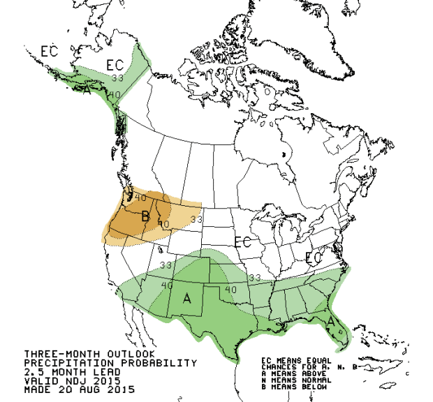 NOAA’s November, December, January outlook showing above average precipitation in the SoCal, Arizona, New Mexico, southern Utah, Colorado and southern Alaska. Below average precipitation forecast in the pacific northwest, Idaho, and Montana.