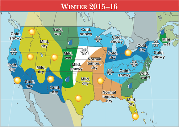 Old Farmers Almanac winter predictions for the USA in 2015-16
