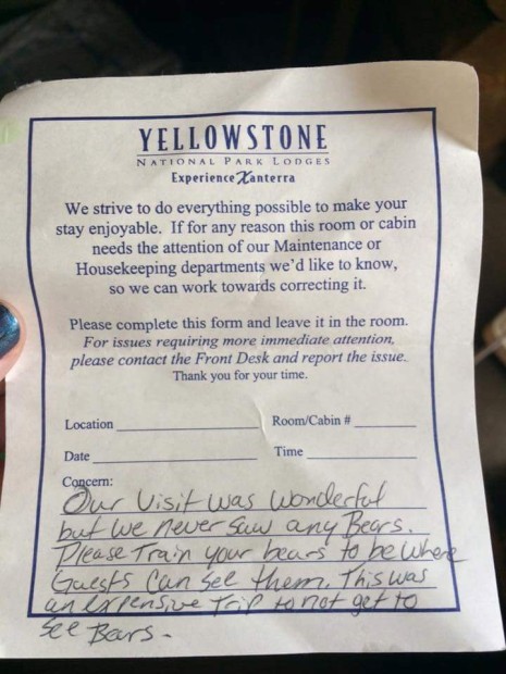 The note from the disgrunted Yellowstone National Park tourist about the untrained grizzly bears.