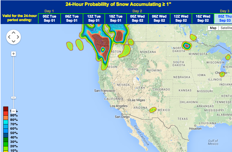 Snow forecast for the next 24 hours showing snowfall in Oregon & Washinton.