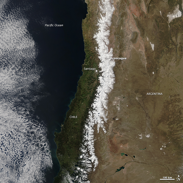 The Andes mountain of South America buried in Snow on September 12th, 2015. photo: nasa
