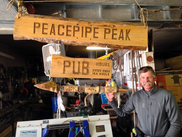 Troy and his Peacepipe Peak sign at White Wolf, CA in 2014. photo: snowbrains