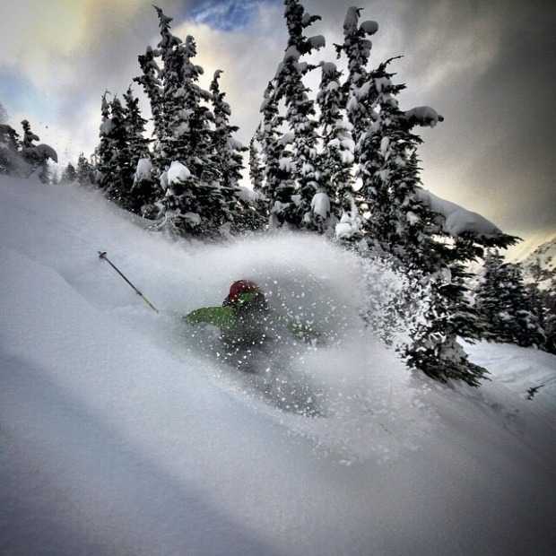 Skier Scott Rich finding a deep pocket in the trees on tuesday Dec. 2nd 2014. Photographer: Corey Anderson