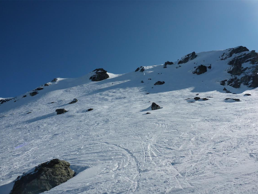 Looking up at lower Arcadia Chutes - some of the better snow on the mountain