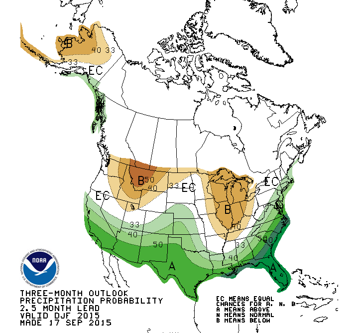 NOAA's precipiation outlook for winter 2015/16 showing above average precipitation for the southern half of the usa including Tahoe, Colorado, & New Mexico. Bekow average precipitation in the Northern Rocky Mountains and Alaska.