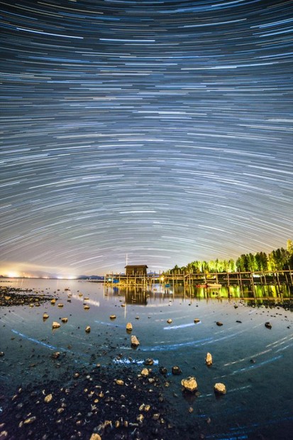 Star trails over Tahoe City