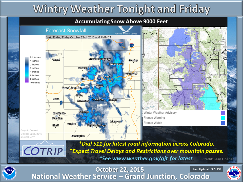 NOAA's Colorado snow forecast for tonight. updated at 3:51pm today.