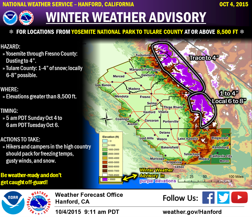 1-4" of snow forecast for Yosemite. 6-8" forecast for the big mountains down south.