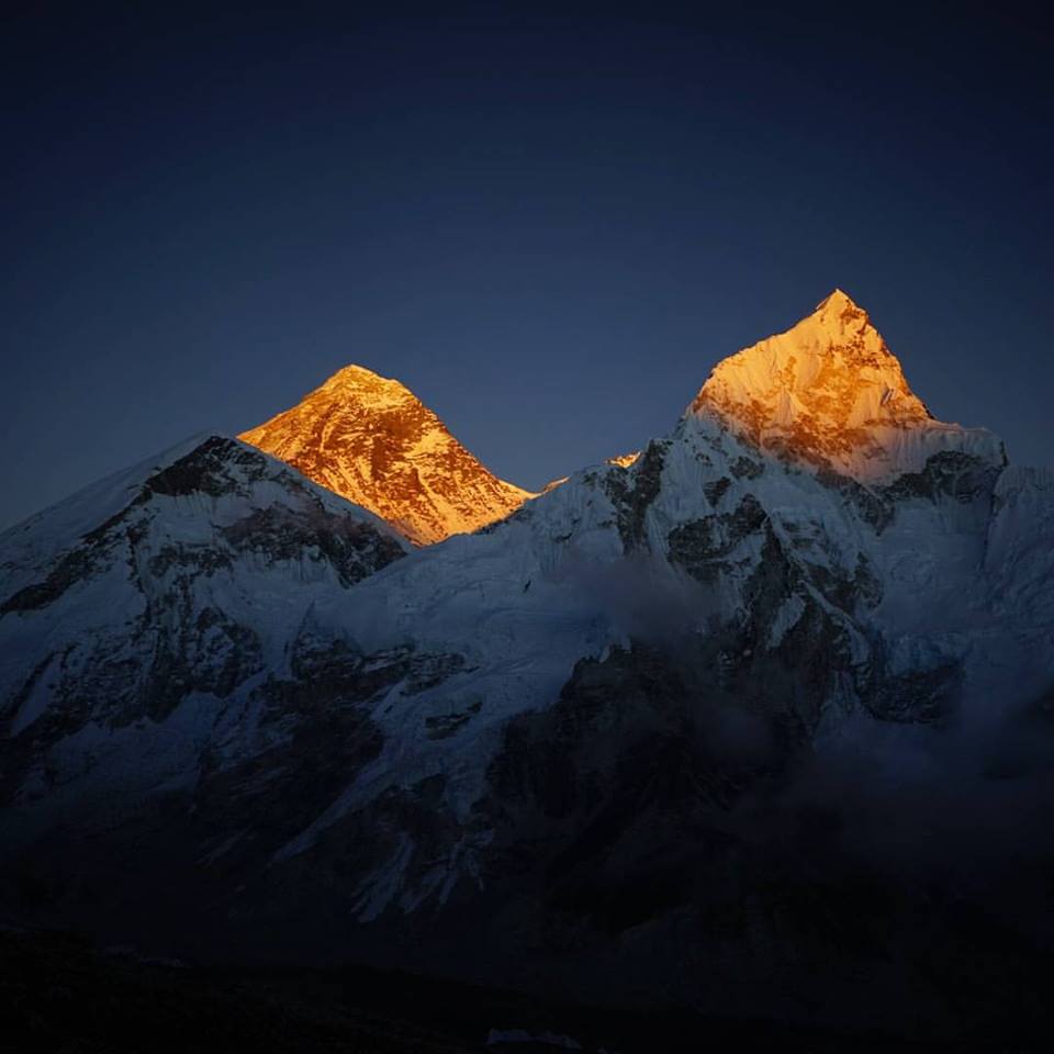 Mt. Everest yesterday in sunset alpenglow from near Everest Base Camp. photo: zeb blais/alpinemountainworks.com