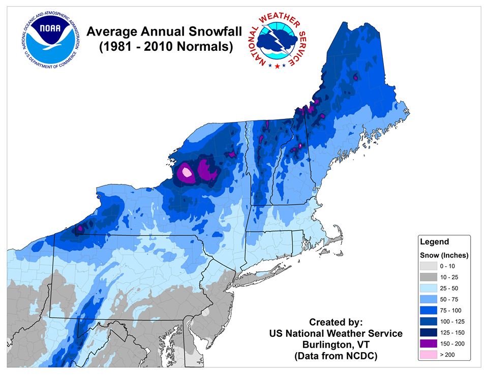NOAA's official annual snowfall averages for the northeastern USA.