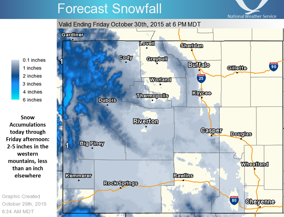 Snow forecast for Wyoming showing up to 6" of new snow today.