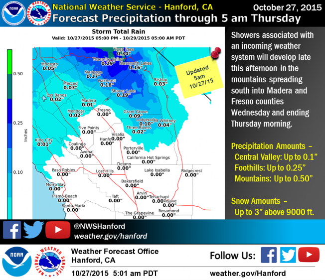 Southern Sierra forecast calling for 3" of snow above 9,000-feet.