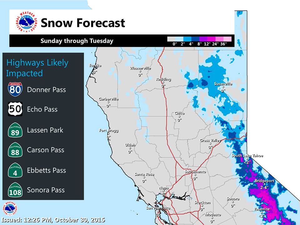 Snow will fall on the entire Sierra Nevada this weekend. Map of snow totals for the Sierras.