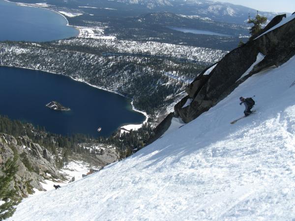 Dropping into the Emerald Bay Chutes is a classic descent that we won't have access to very soon. photo: skiingthebackcountry.com