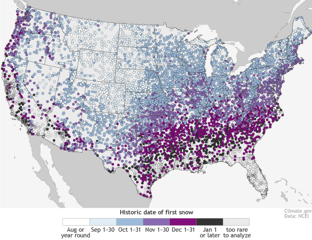 Colored dots indicate the date by which there’s a 50% chance at least 0.1” of snow will have accumulated, based on each location’s snowfall history from 1981-2010. Click the map for a larger version with more detailed categories. Map by NOAA Climate.gov, based on analysis of the US Climate Normals by Mike Squires, National Centers for Environmental Information.