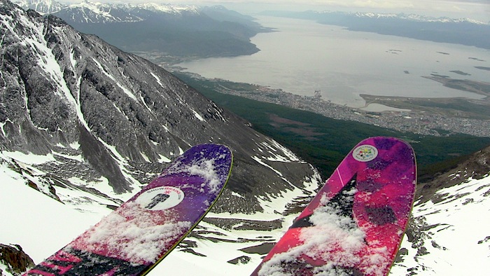Dropping into the backcountry of Ushuaia, Argentina with the Beagle Canal in the background. photo: miles clark/snowbrains