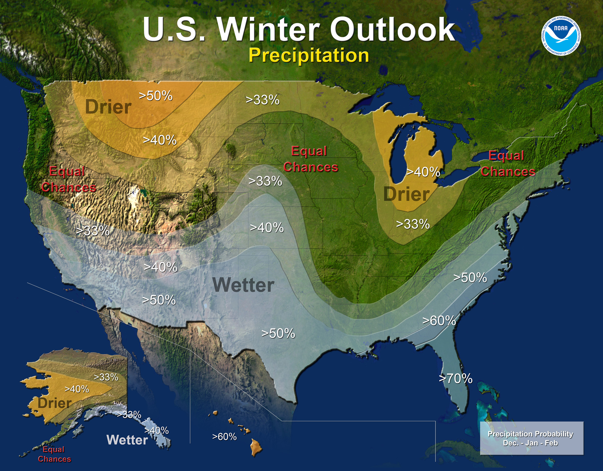NOAA's official El Nino/Winter outlook for the USA shows a 33% chance or higher of above average precipitation in the Sierra Nevada, CA.