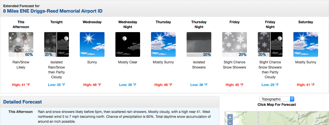 Grand Targhee with an inch of snow forecast today and a chance of snow on Friday.