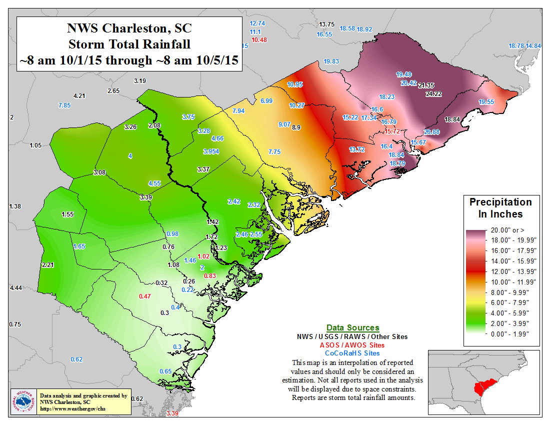4 day rainfall amounts in South Carolina Oct. 1 to Oct. 5. image: noaa