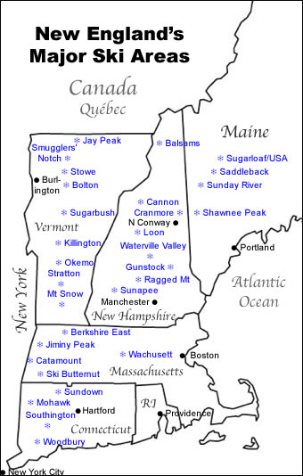 Ski areas of New England map.