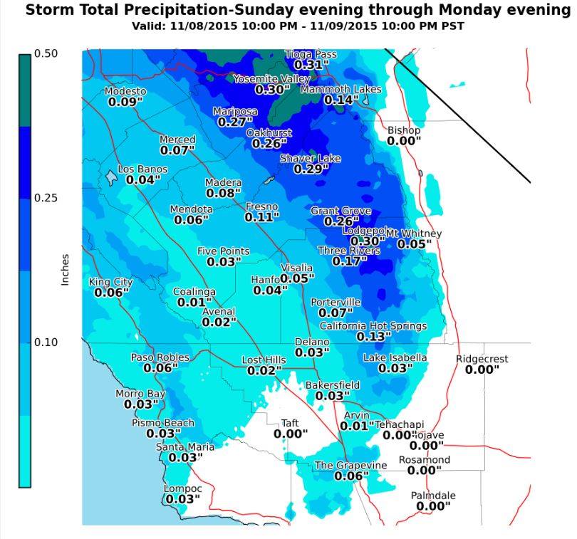Southern Sierra Nevada snowfall forecast for Sunday Monday storm showing up to 