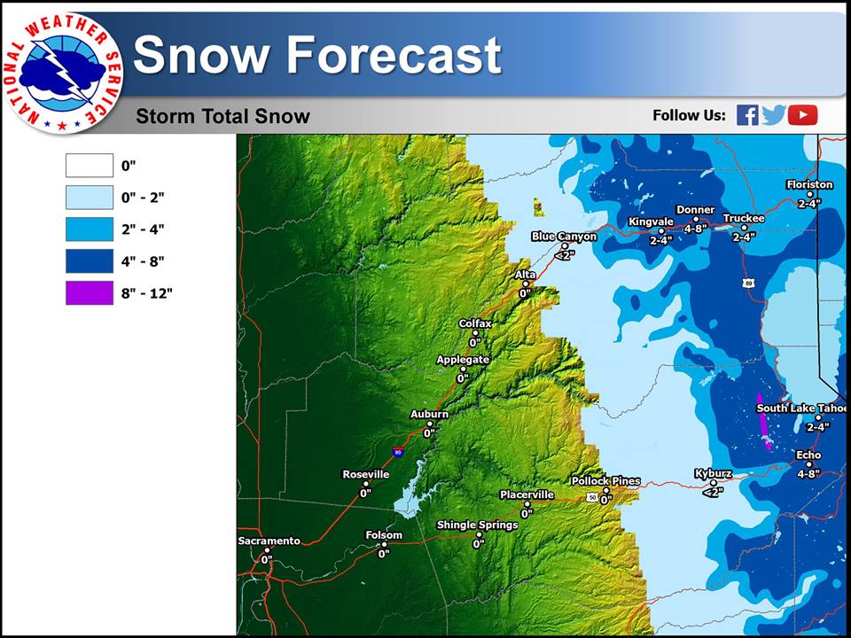 Snowfall forecast for Lake Tahoe region through Monday.