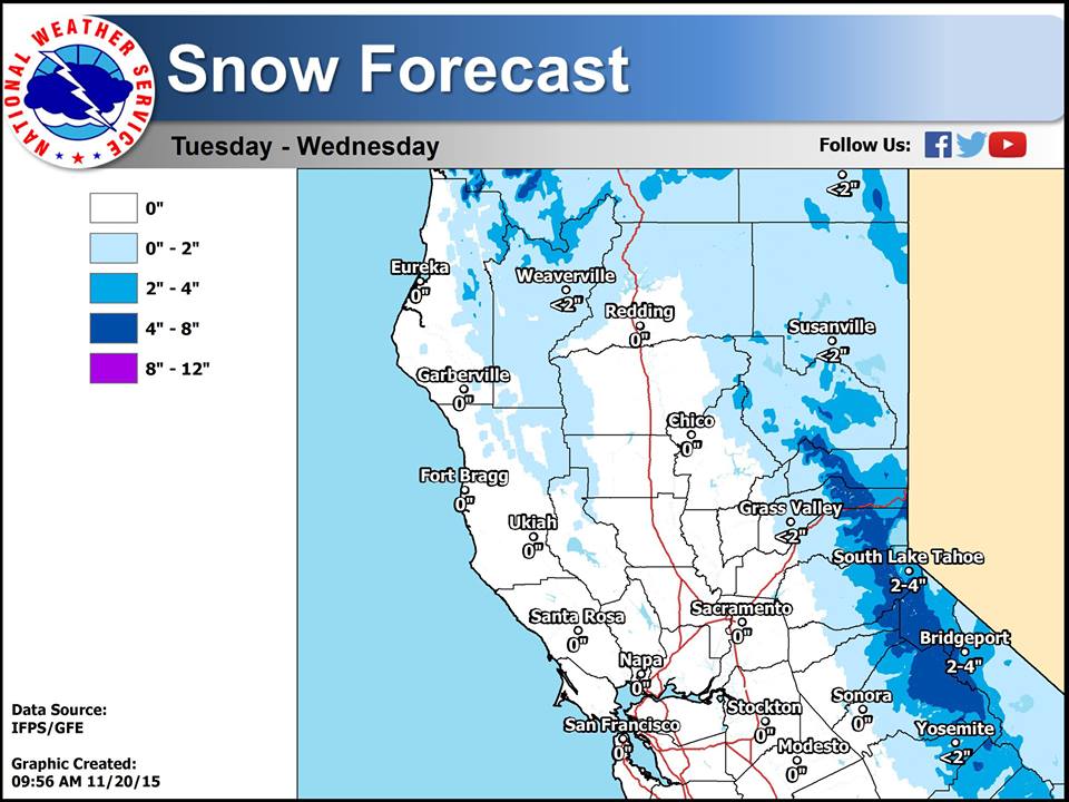 Snow forecast map showing 4-8" of snow for Tahoe next week.